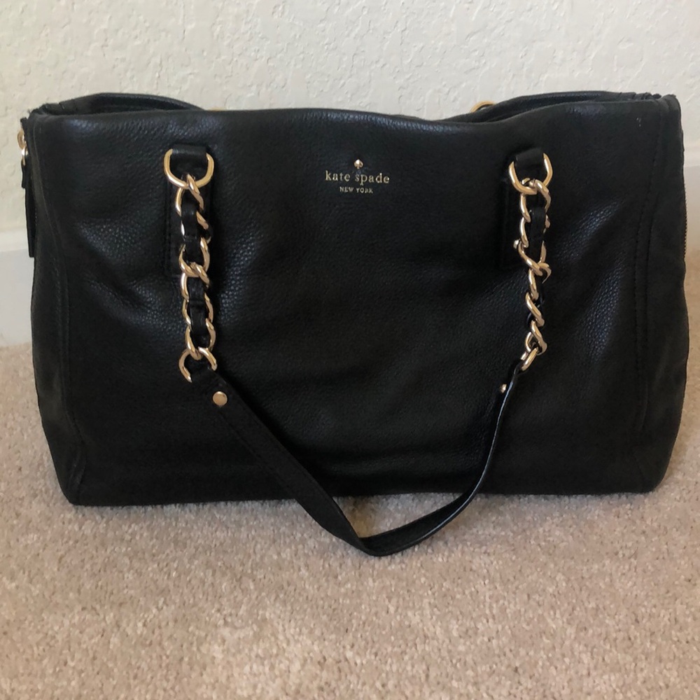 Kate Spade New York Shoulder Leather Tote Bag Black with Gold Accents